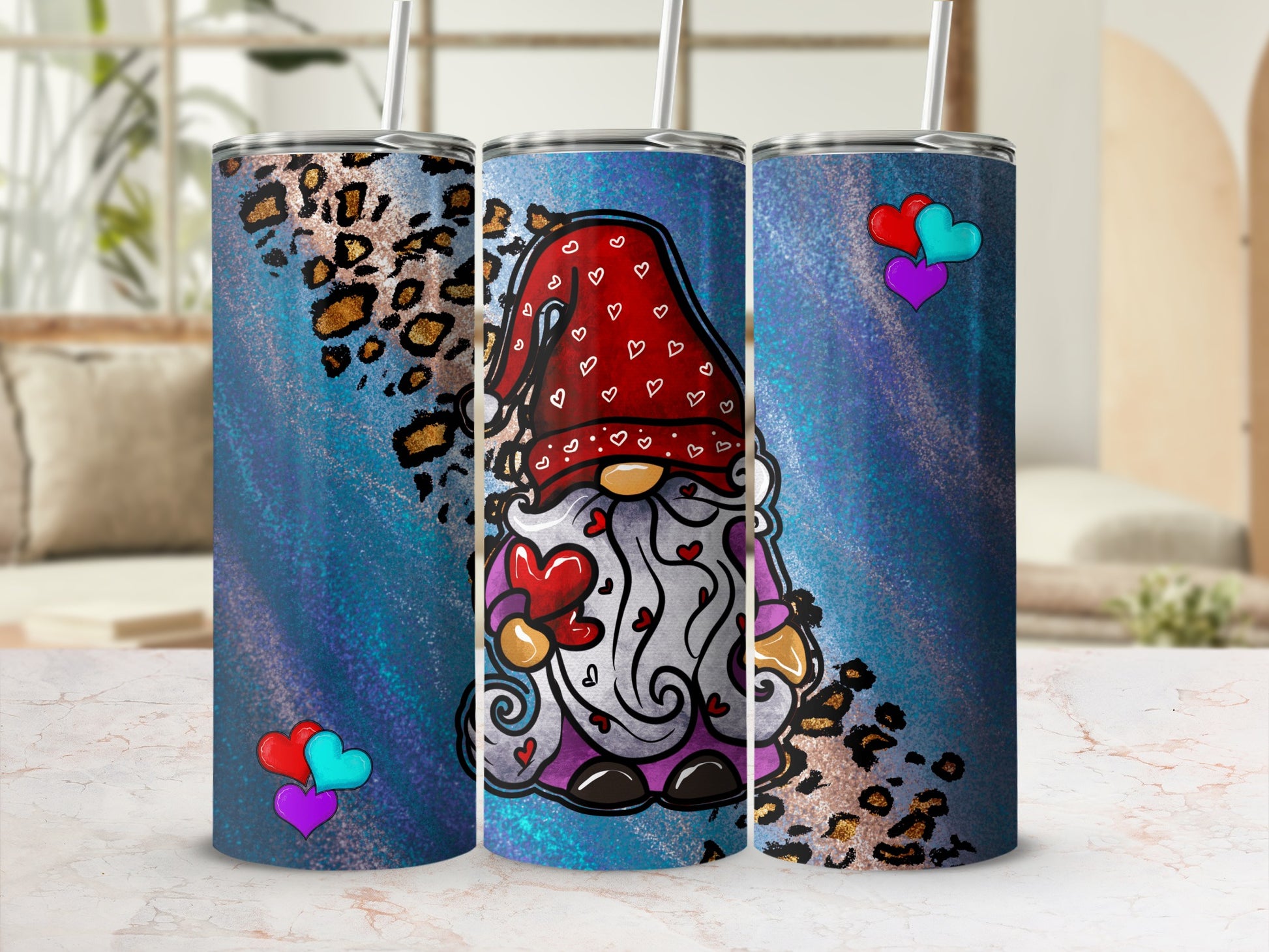 Gnome holding hearts with leopard print and glitter background.