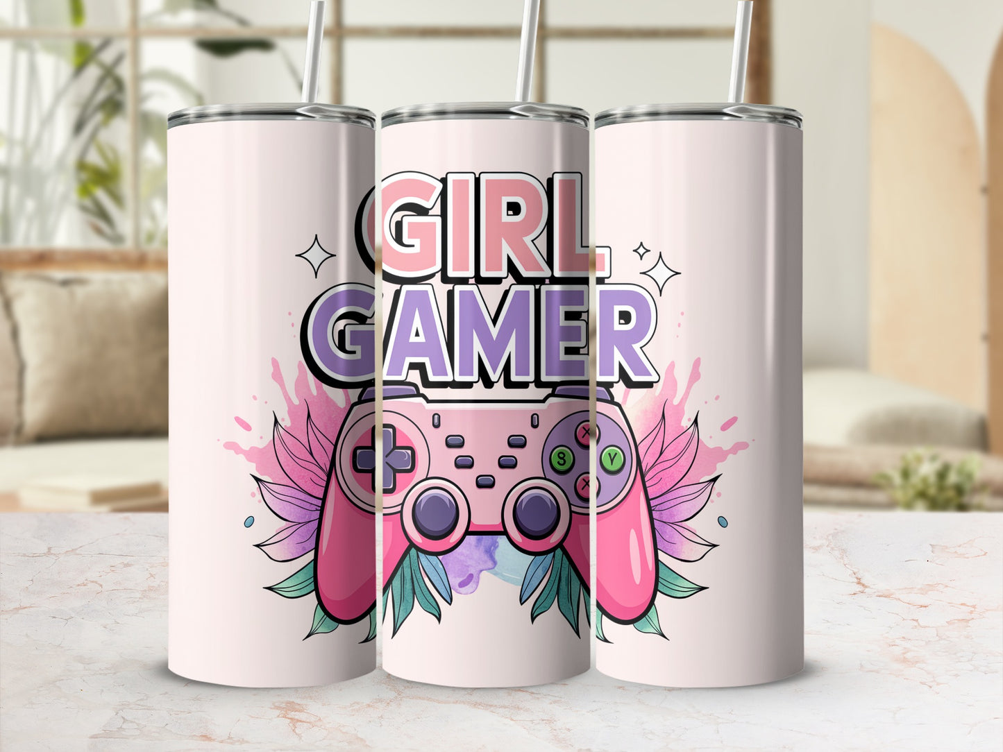 Pink gaming controller with "Girl Gamer" text on a pale pink tumbler.