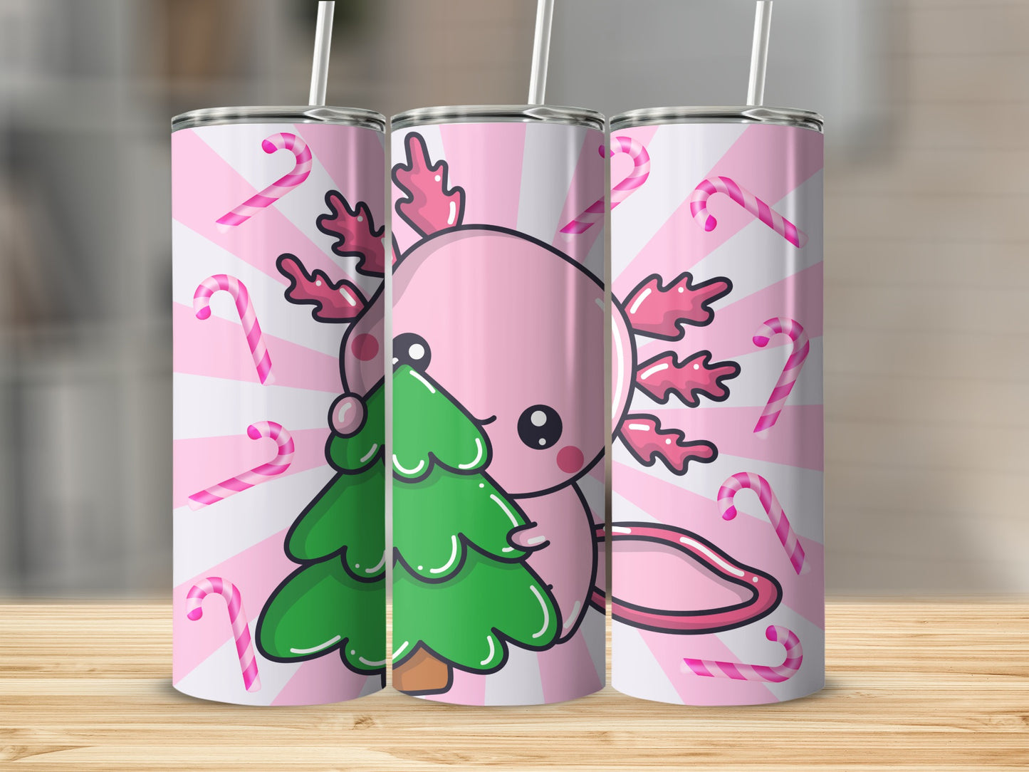 Cute Axolotl Pink Christmas Candy Cane Tumbler