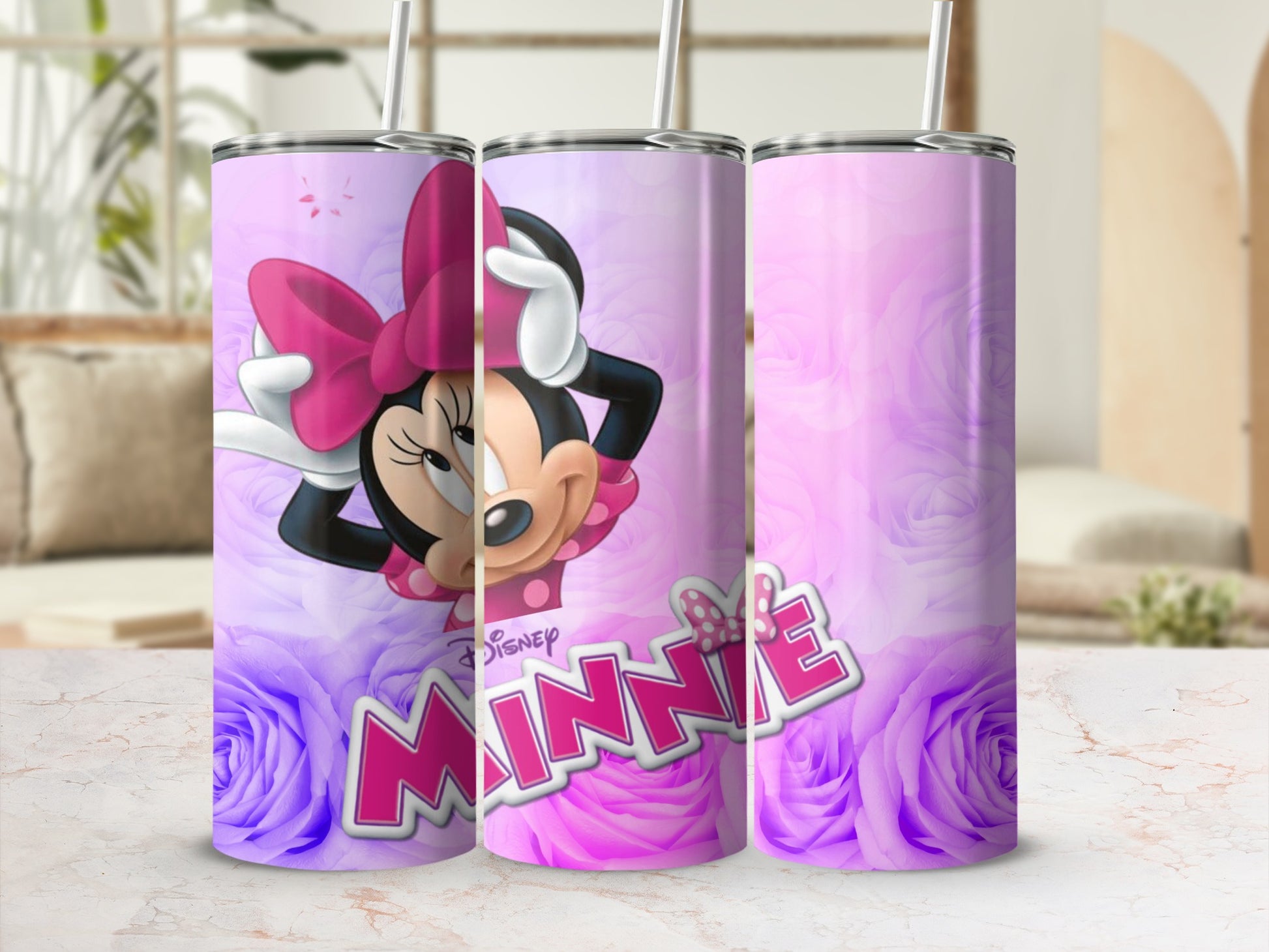 Minnie Mouse Tumbler With Pink And Purple Roses Design