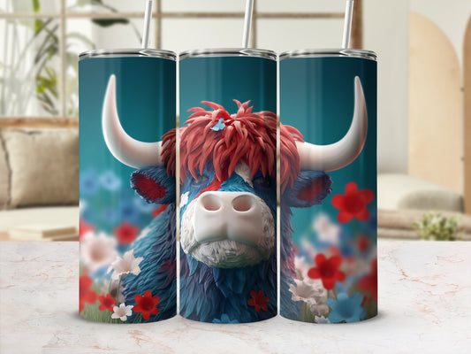 Tumbler with Highland cow design featuring red, white, and blue colors.