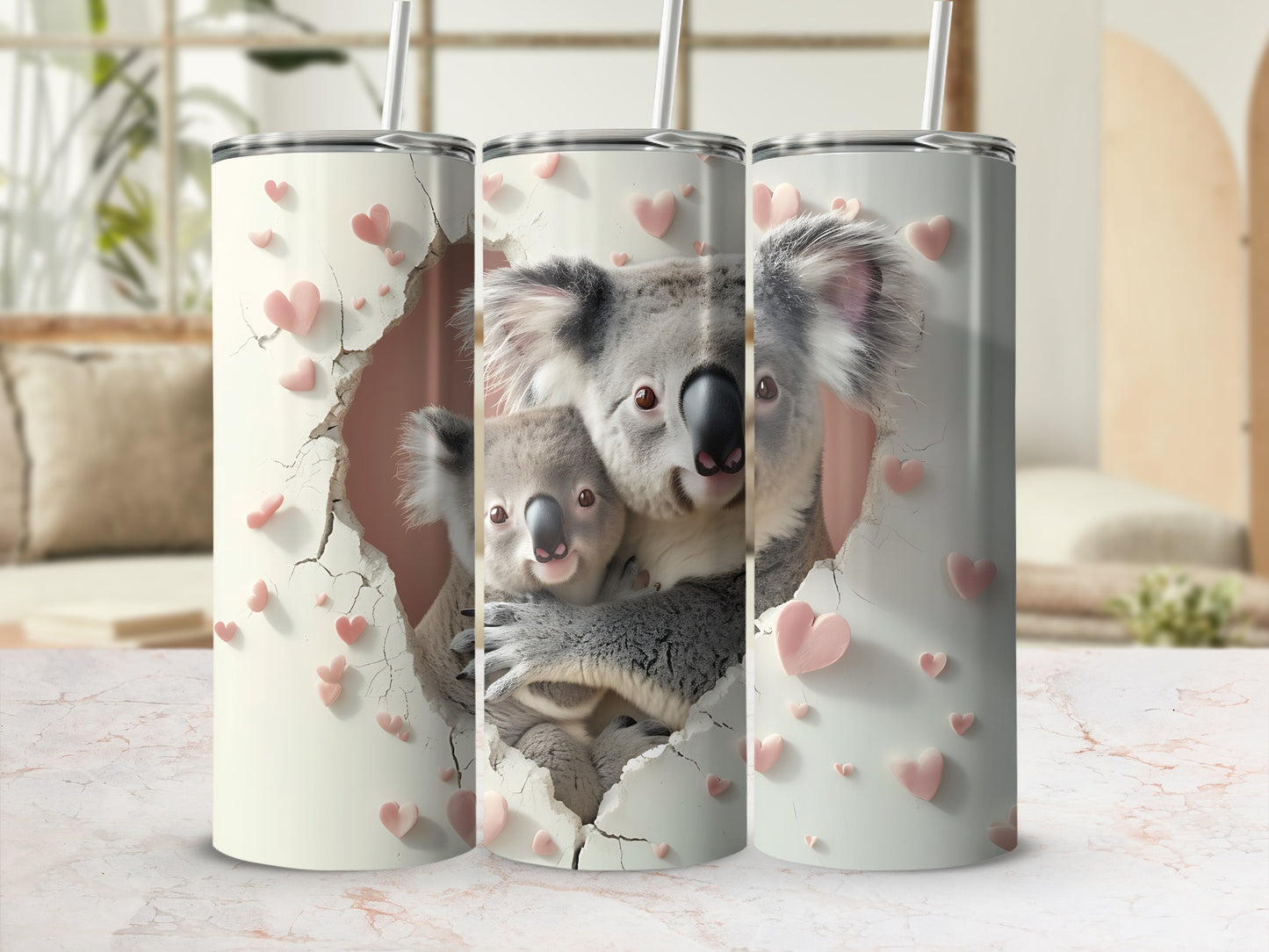 Koala family peeking through a heart-shaped crack on a tumbler.