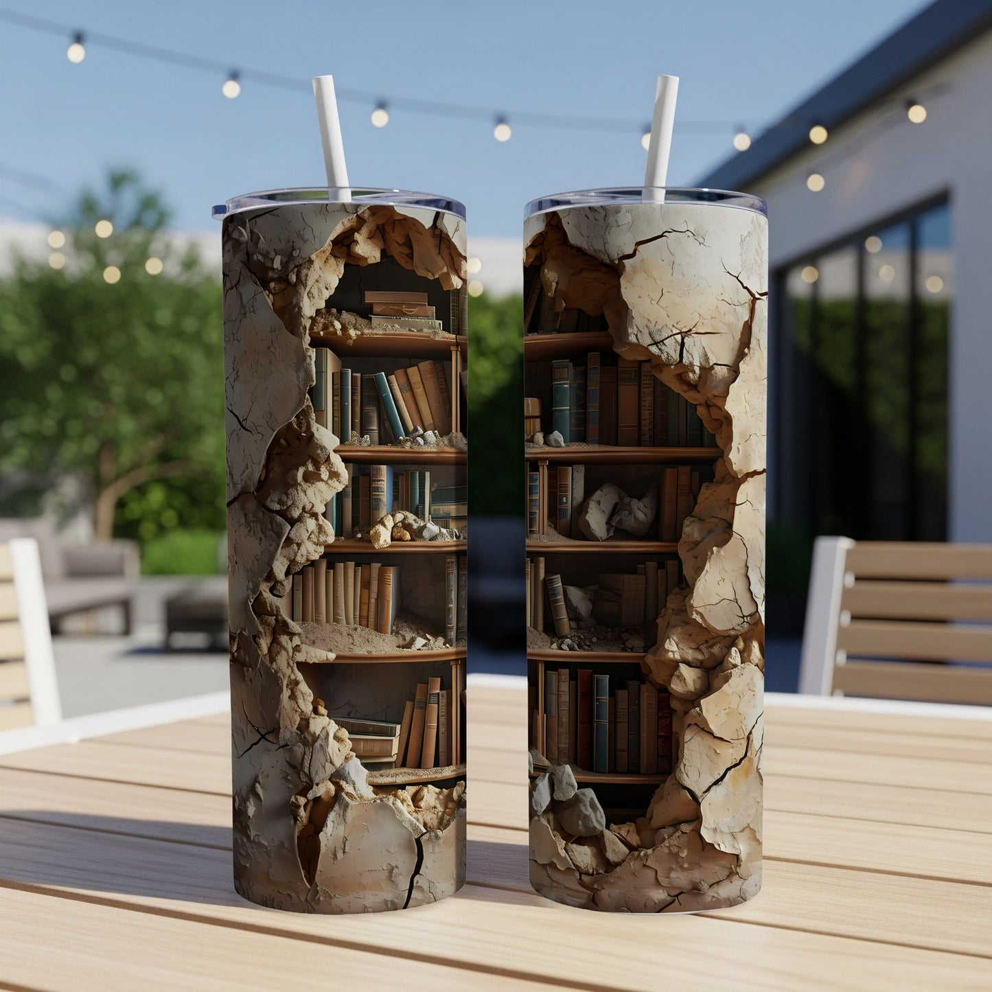 Two tall tumblers with a cracked plaster design revealing bookshelves inside.