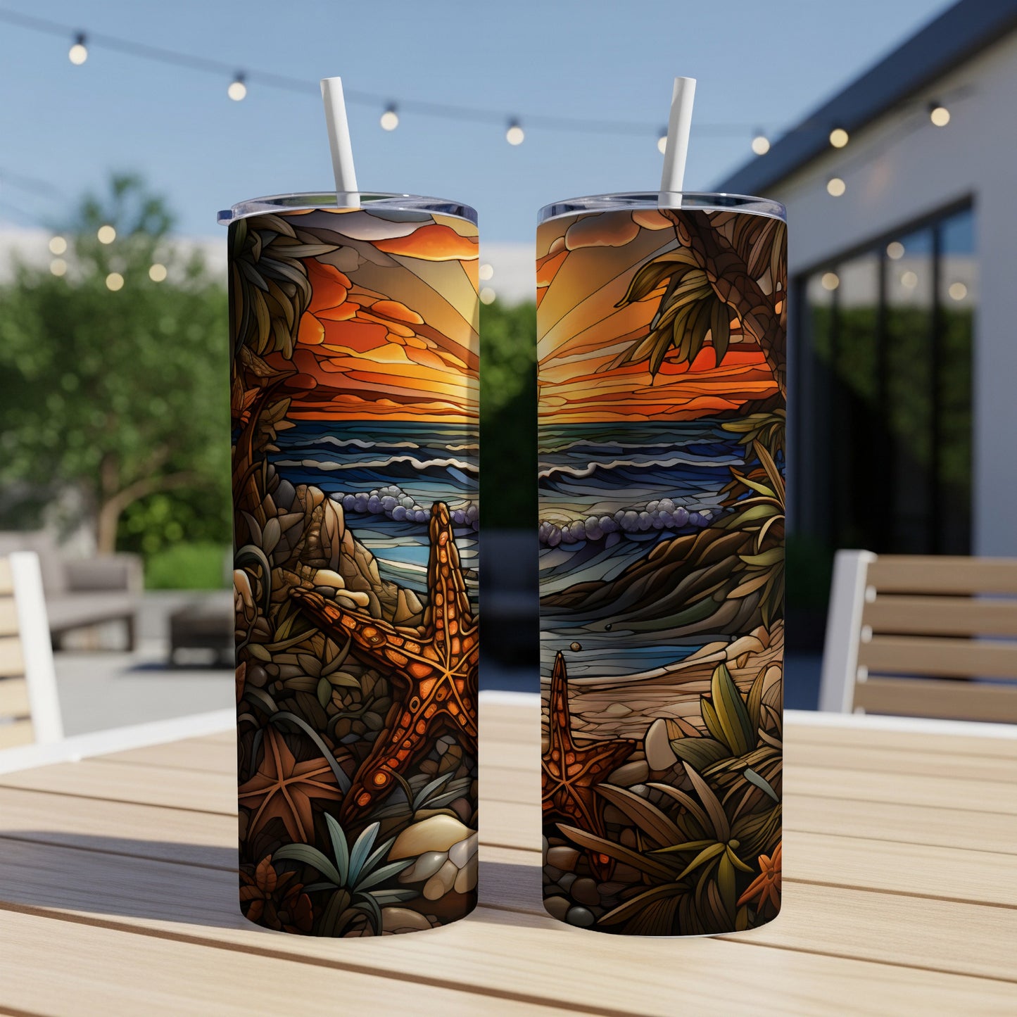 Two tumblers featuring a vibrant beach sunset with starfish and palm trees.