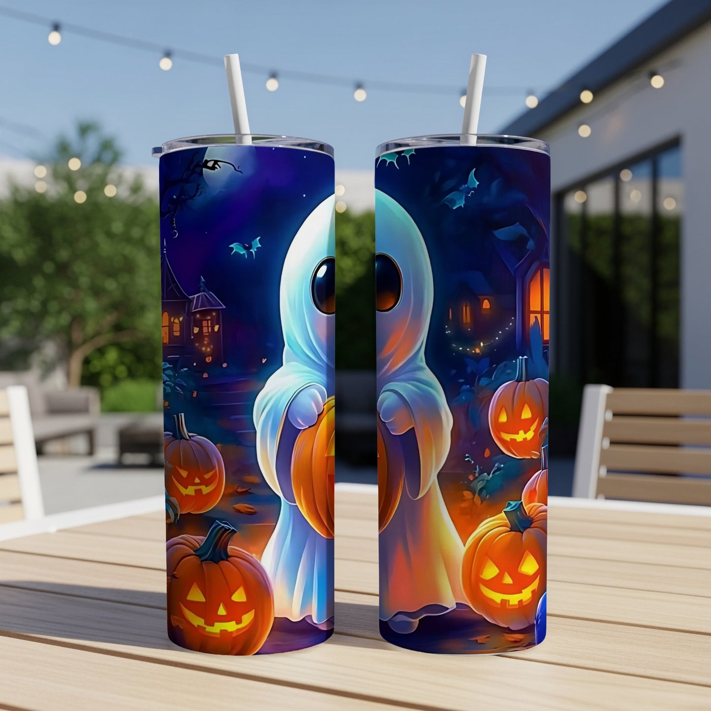 Two tumblers with a cartoon ghost holding a pumpkin on a Halloween night scene.