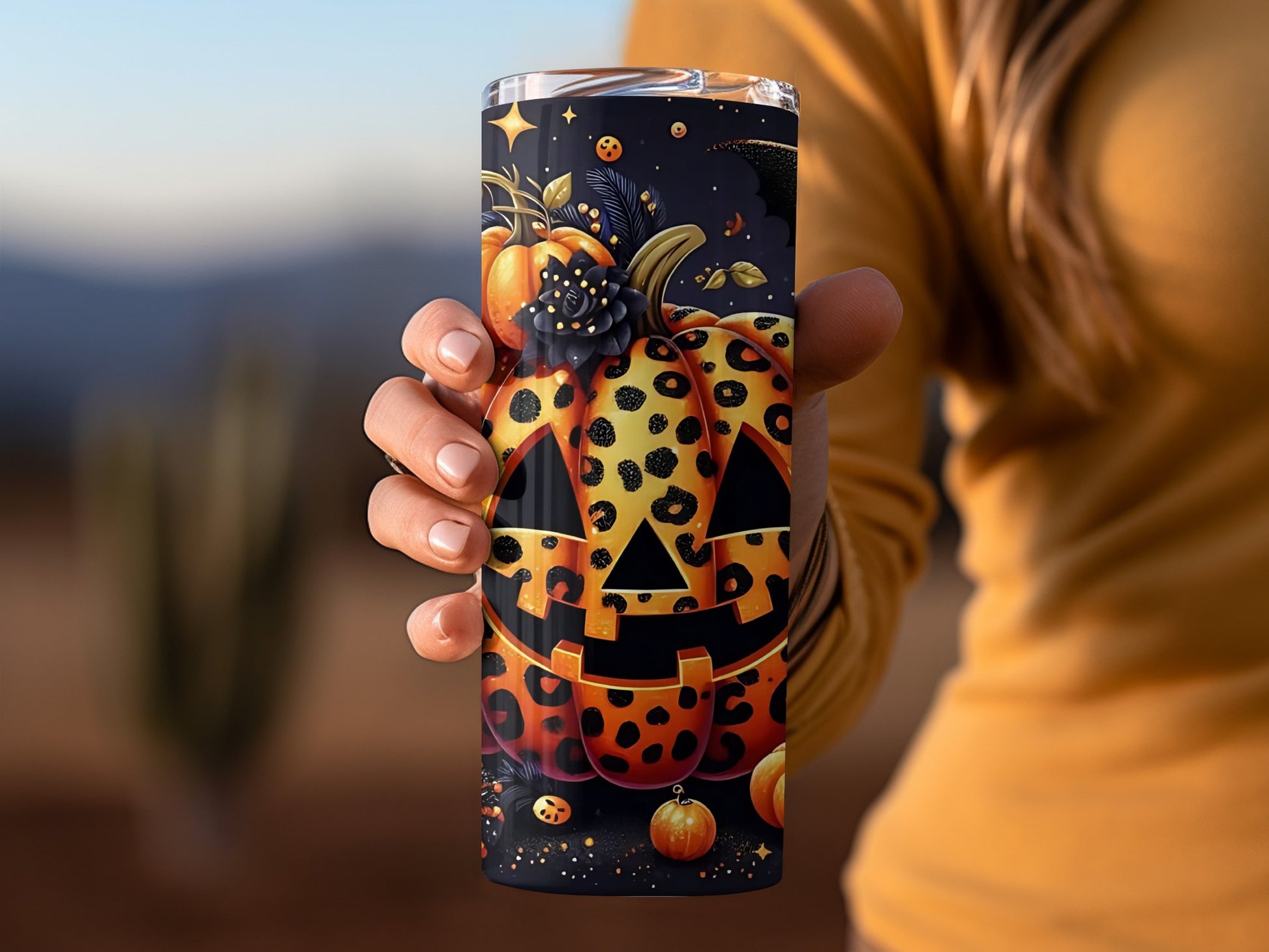 Leopard Print Halloween Pumpkin Insulated Tumbler Cup