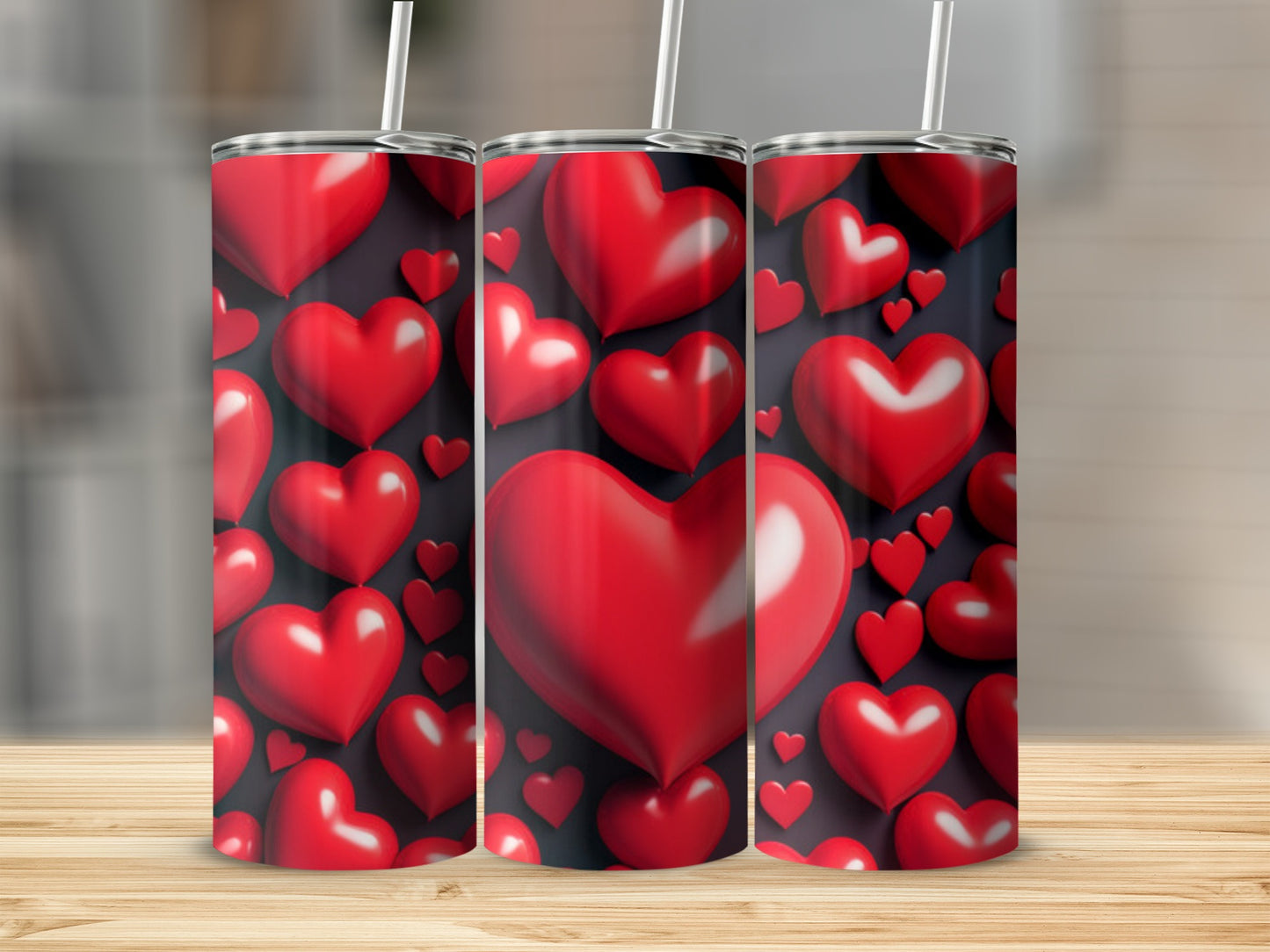 Three tumblers with a repeating pattern of 3D red hearts on a dark background.