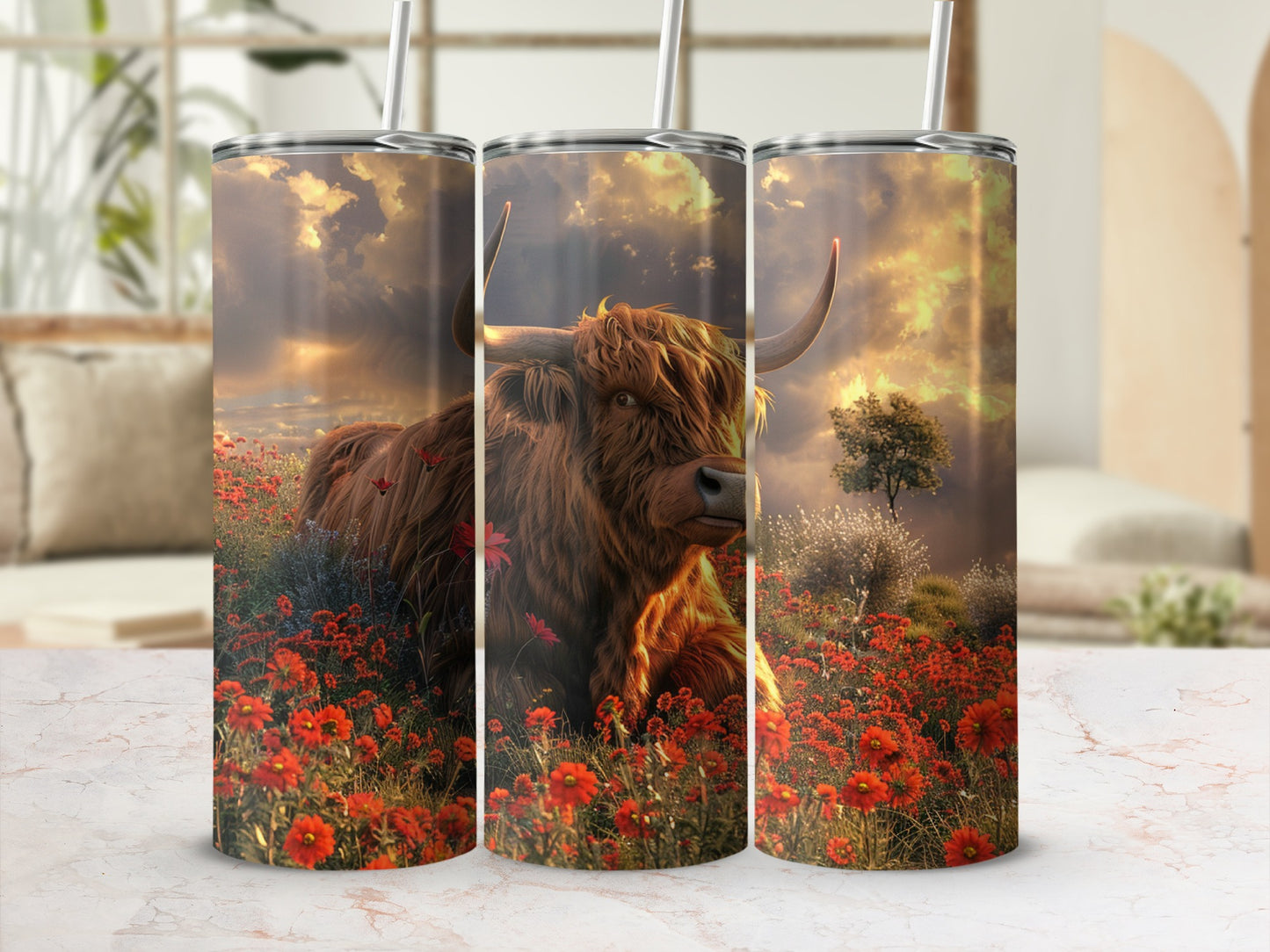 Highland cow in a field of red wildflowers with dramatic clouds and sunset lighting.