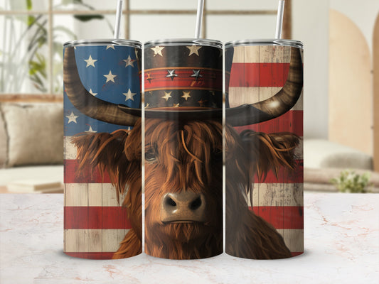 Highland cow wearing a star-spangled hat against a US flag background.