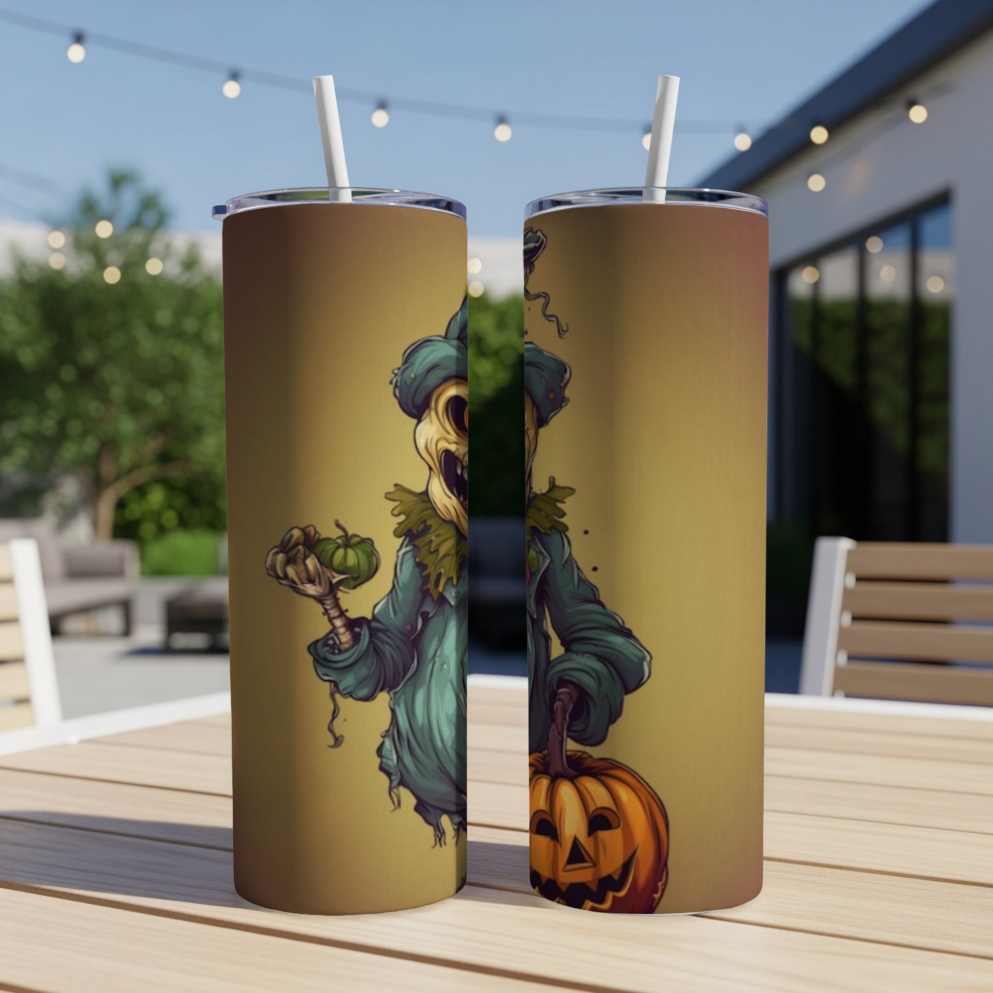Two tumblers featuring a creepy scarecrow holding a pumpkin and a small gourd.