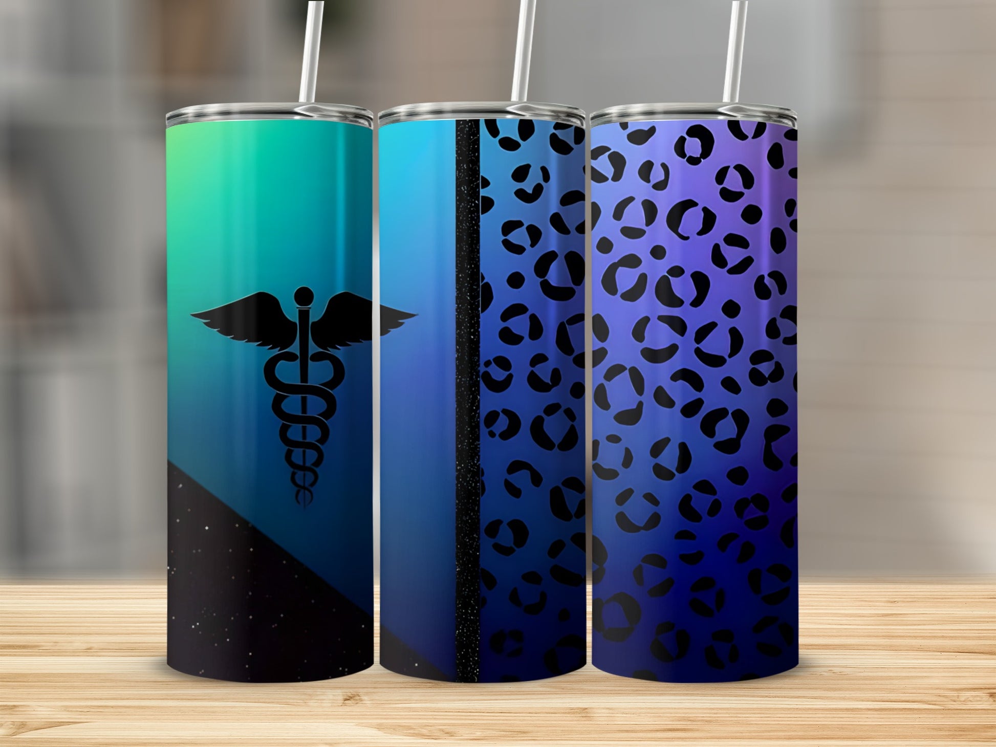 Three tumblers with medical symbols and animal print patterns.