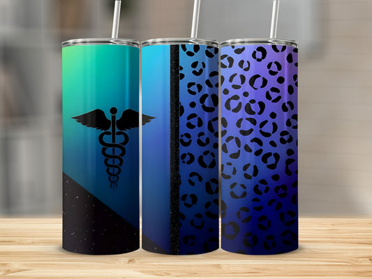 Three tumblers with medical symbols and animal print patterns.