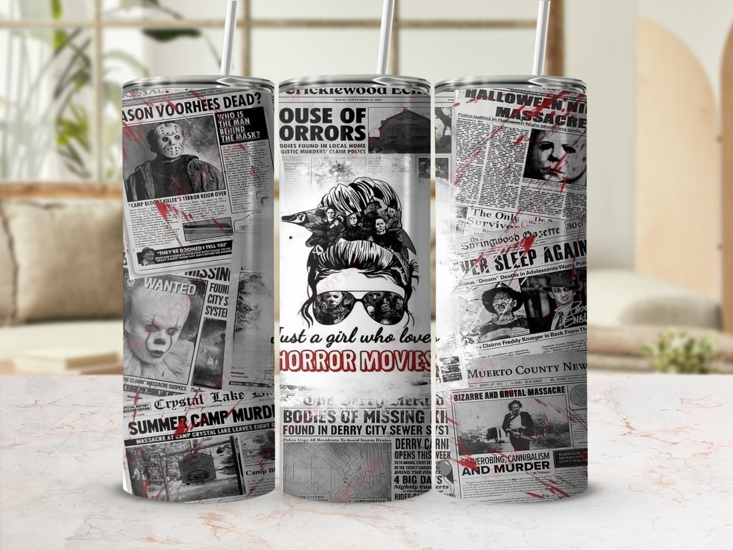 Tumblers with horror movie newspaper headlines and images.