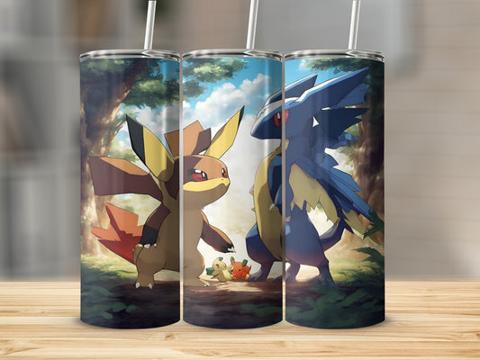 Three Pokemon characters—a brown, fox-like creature, a small orange creature, and a blue, dragon-like creature—stand in a forest.