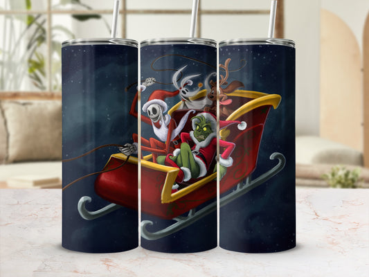 The Grinch and Jack Skellington in a sleigh pulled by Max the dog.