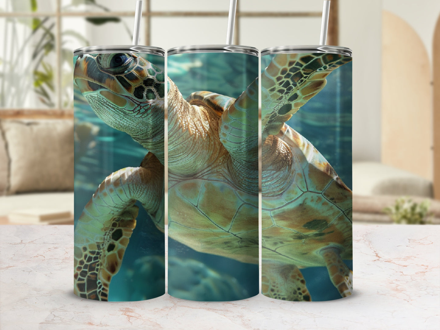 Sea turtle swimming underwater, depicted on a tumbler with a marble background.