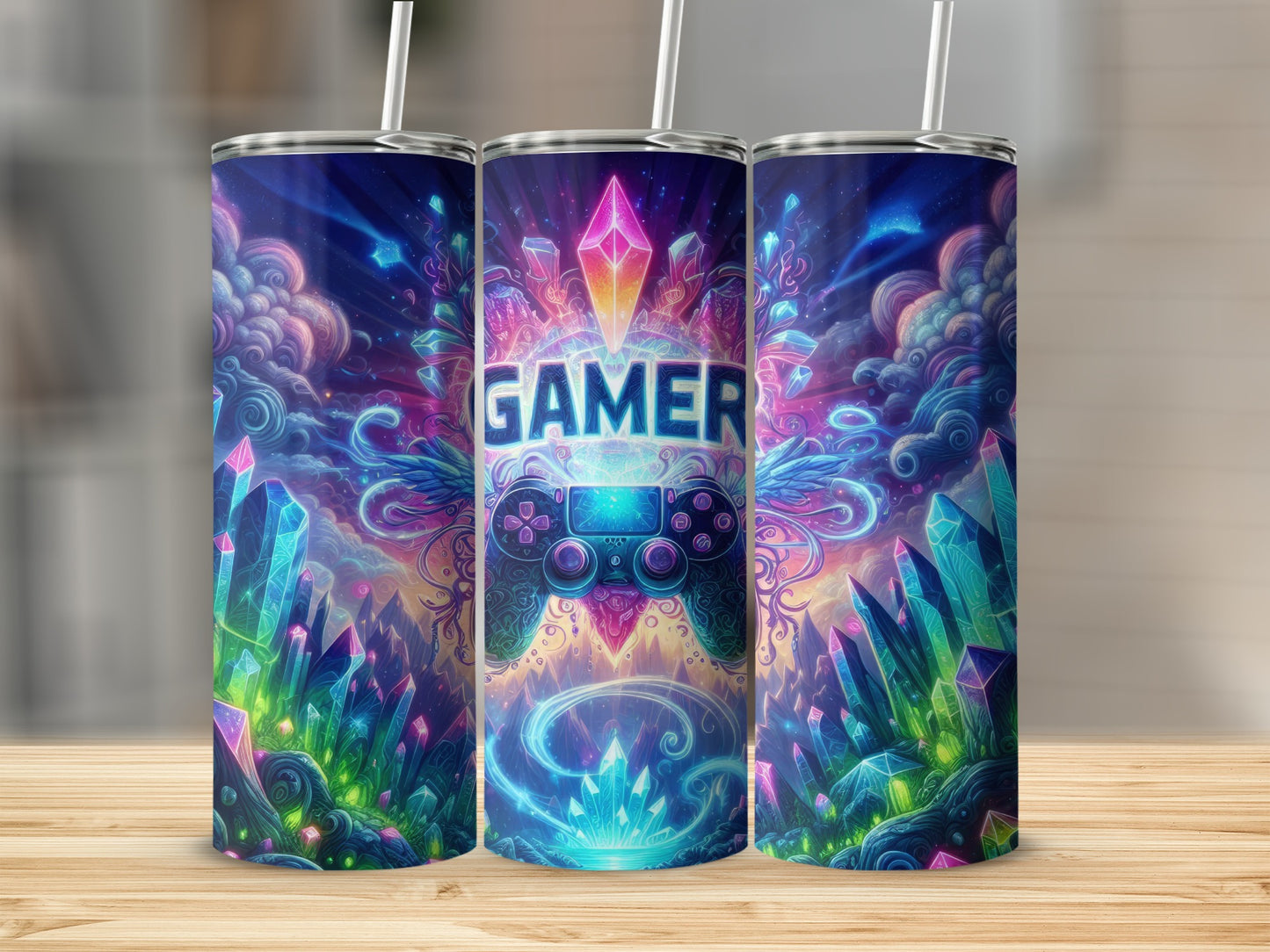 Colorful tumbler with "GAMER" text, video game controller, and glowing crystals.