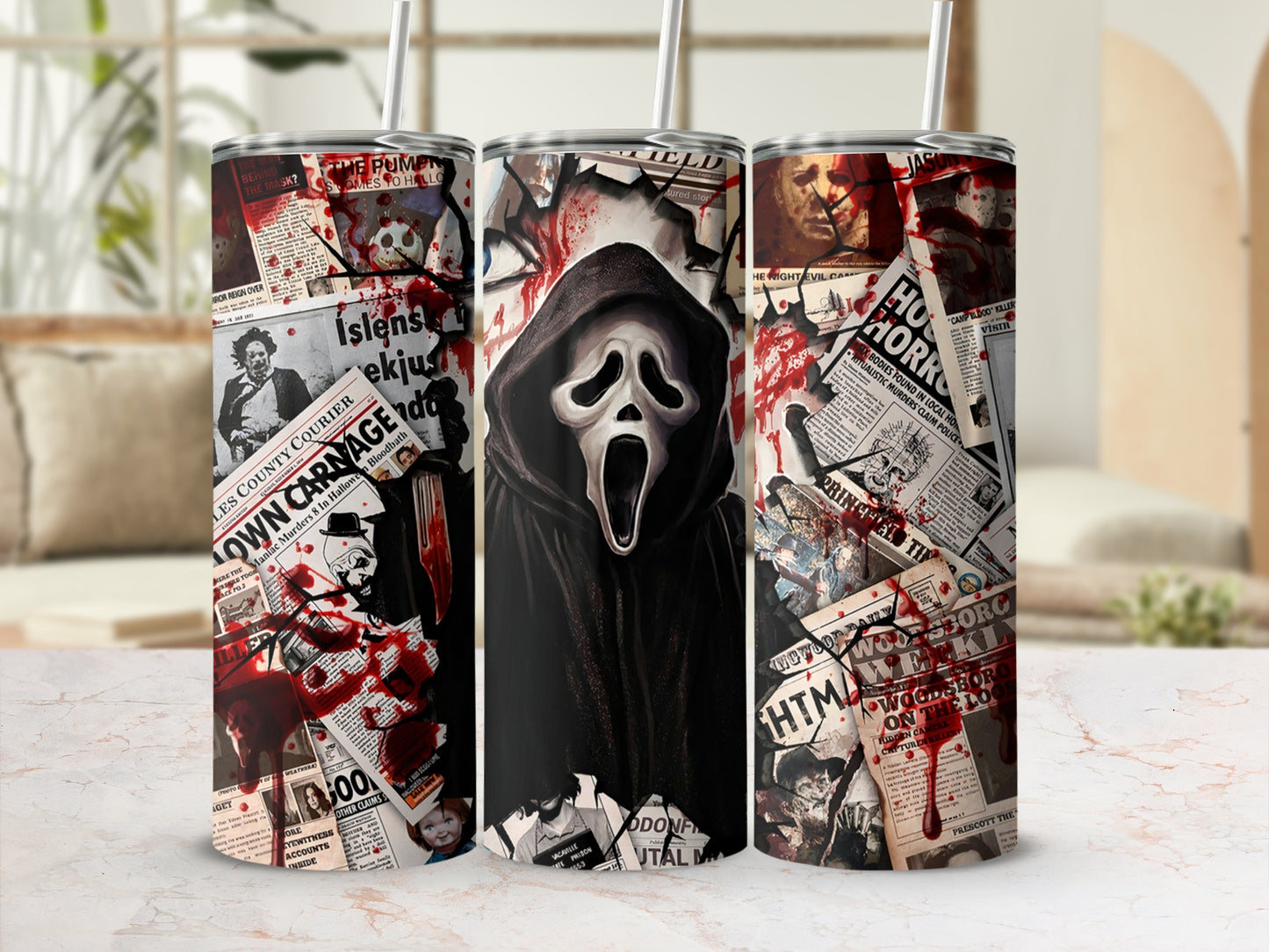 Tumbler with a horror collage featuring Ghostface and newspaper clippings.