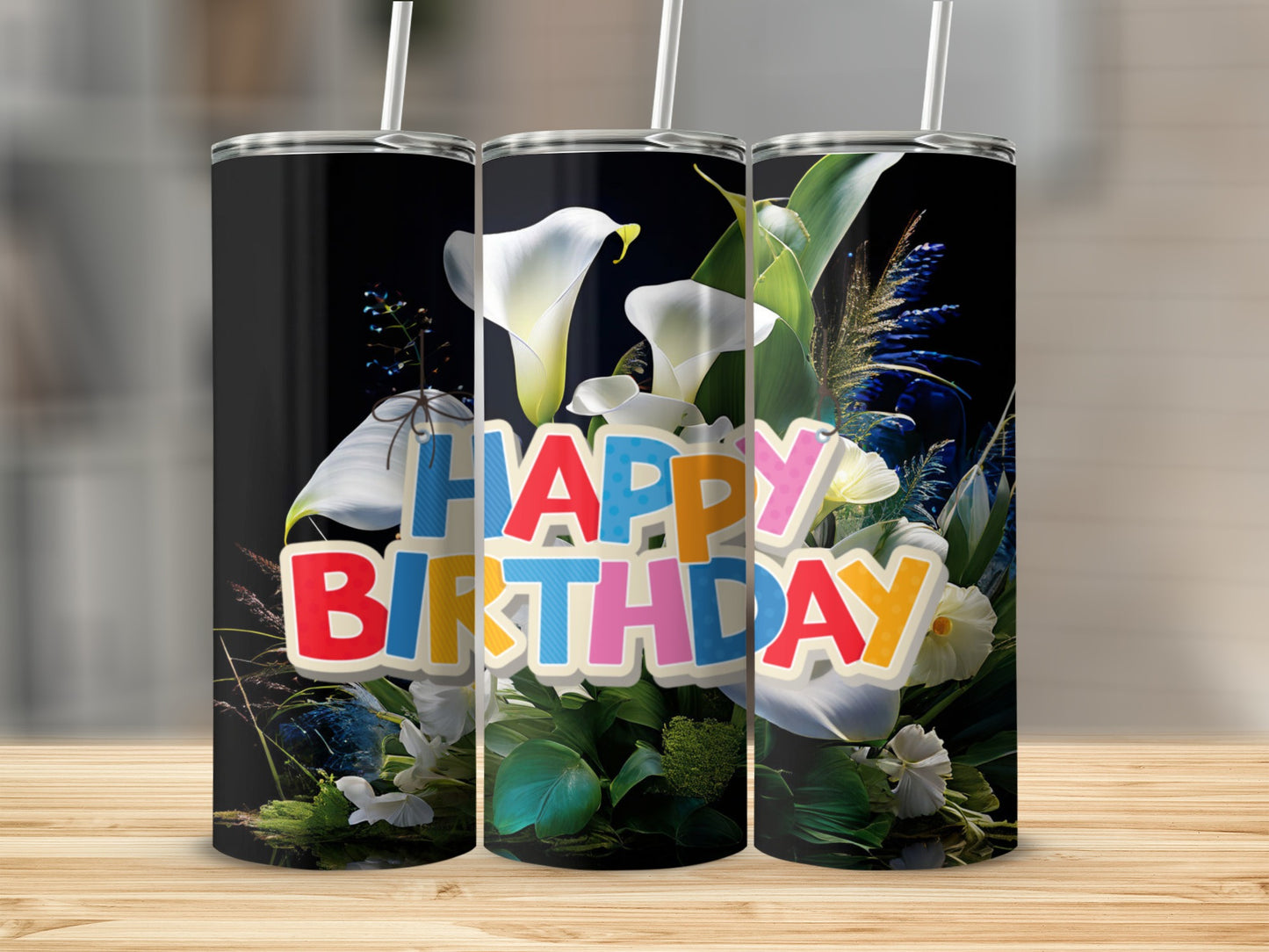 Black tumbler with "Happy Birthday" text and floral accents.