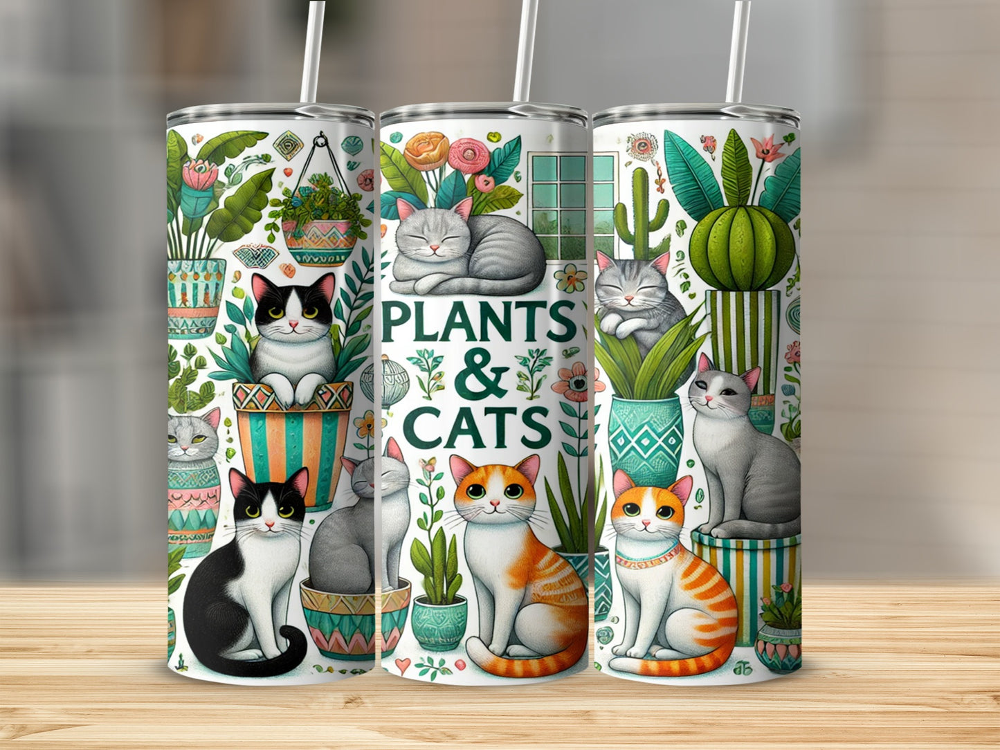 Adorable Cats with Plants Custom Tumbler Design