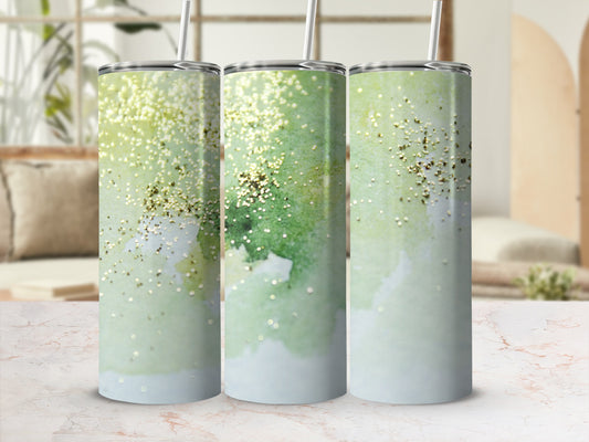 Three tumblers with a green watercolor and gold glitter design.