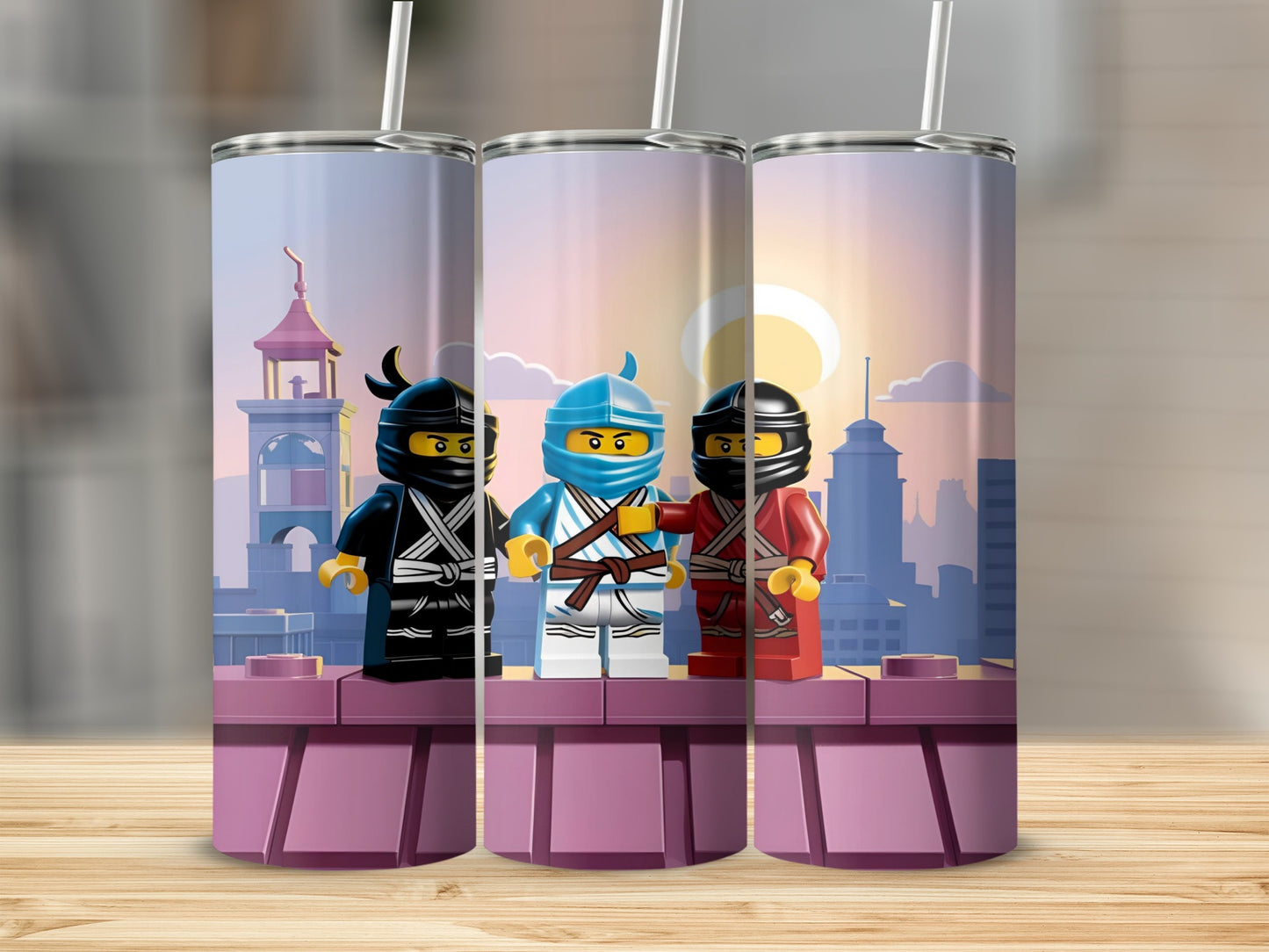 Three Lego Ninjago characters stand on a purple platform against a city skyline.