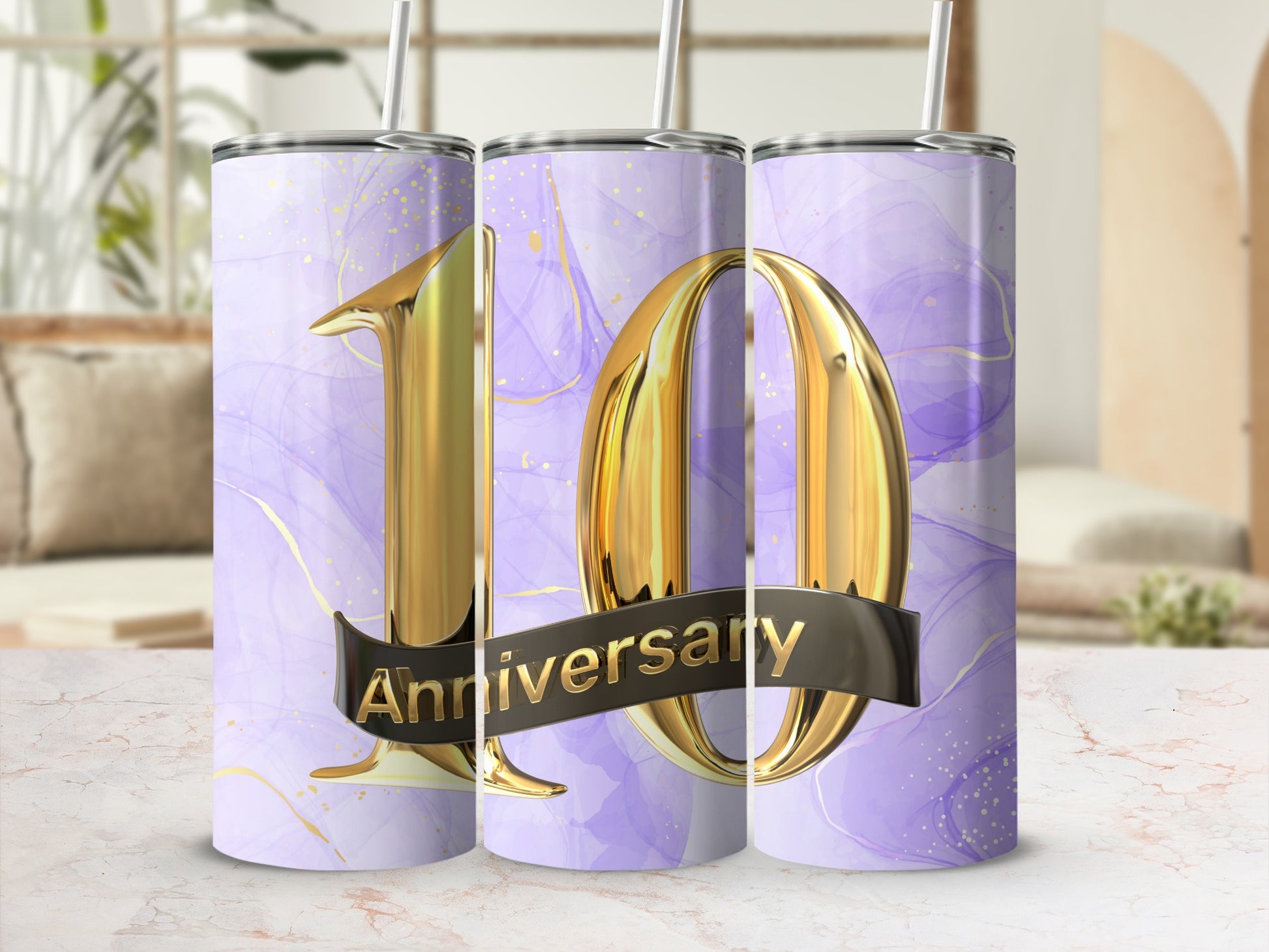 Gold "10" with "Anniversary" on purple marble tumbler.