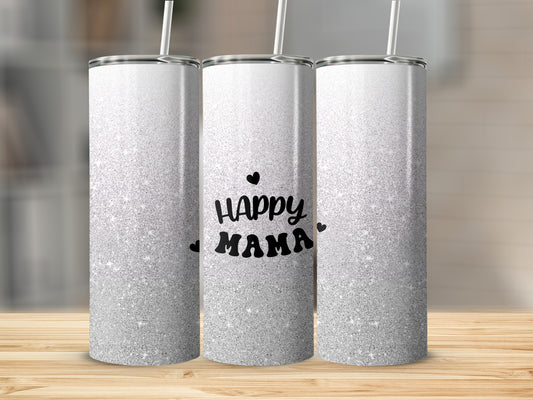 Three silver glitter tumblers with "Happy Mama" text.
