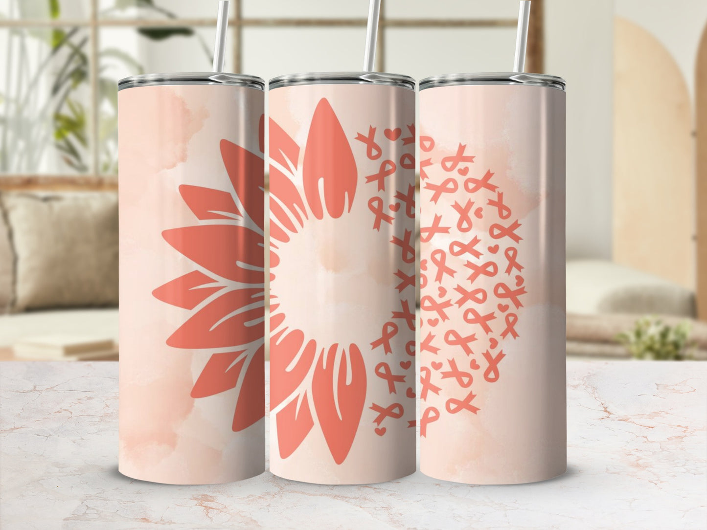 Sunflower and Pink Ribbon Design Tumbler Cup