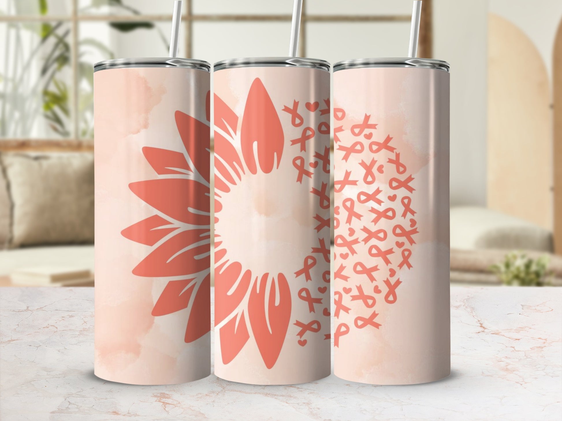 Sunflower and Pink Ribbon Design Tumbler Cup