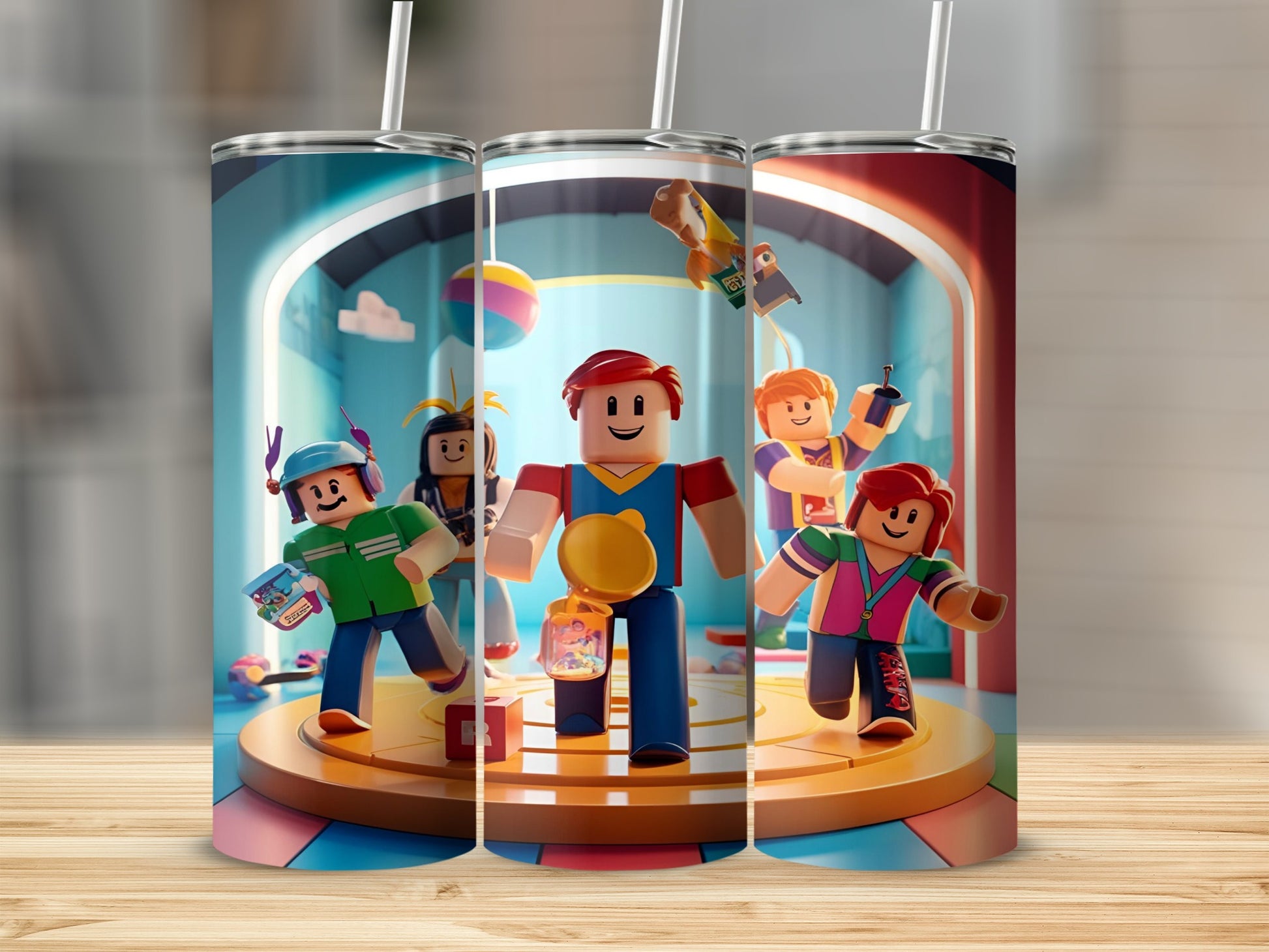 Roblox characters on a circular stage with colorful toys and bright lighting.