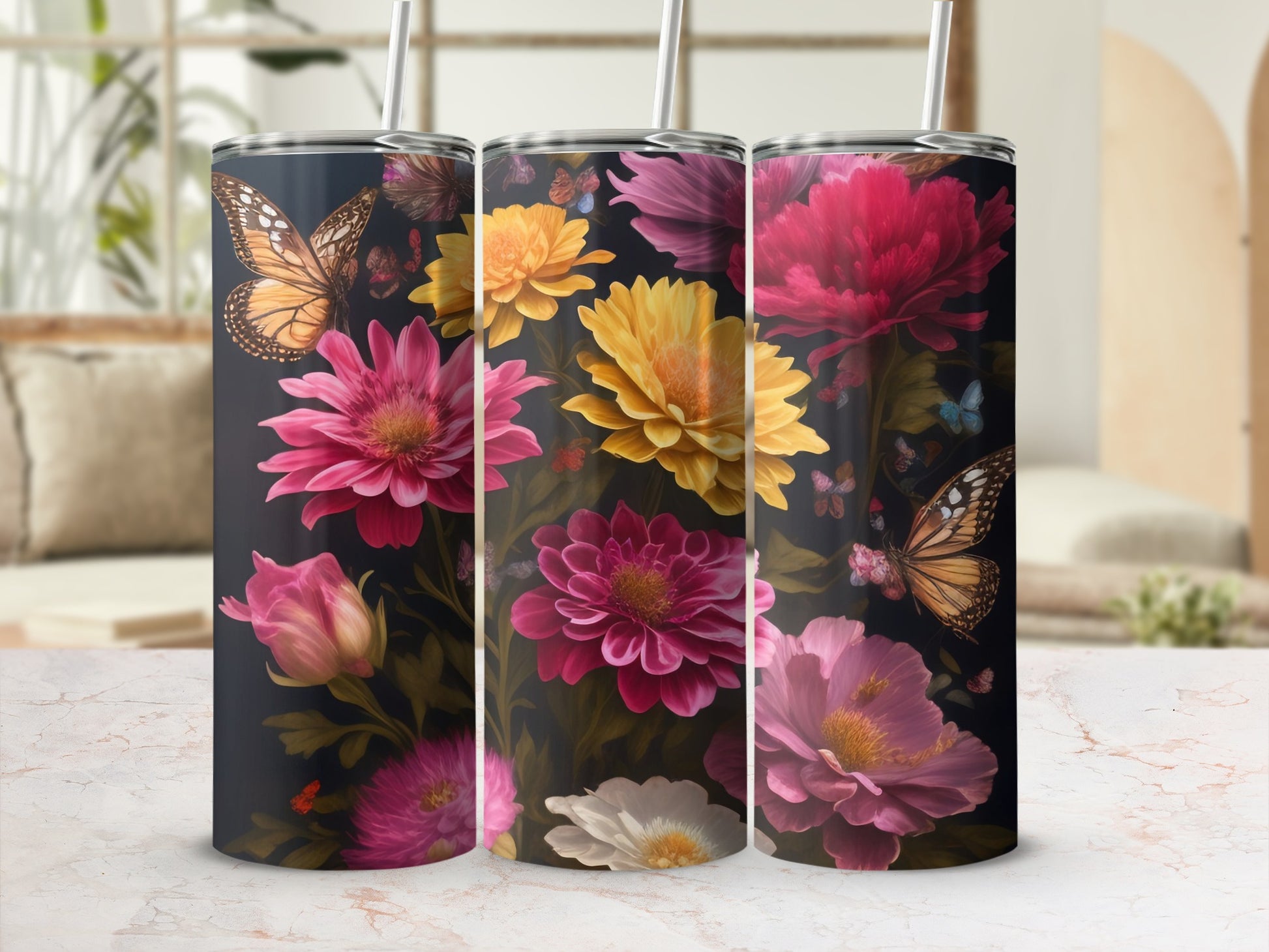 Vibrant Floral Design Insulated Tumbler Cup with Straw