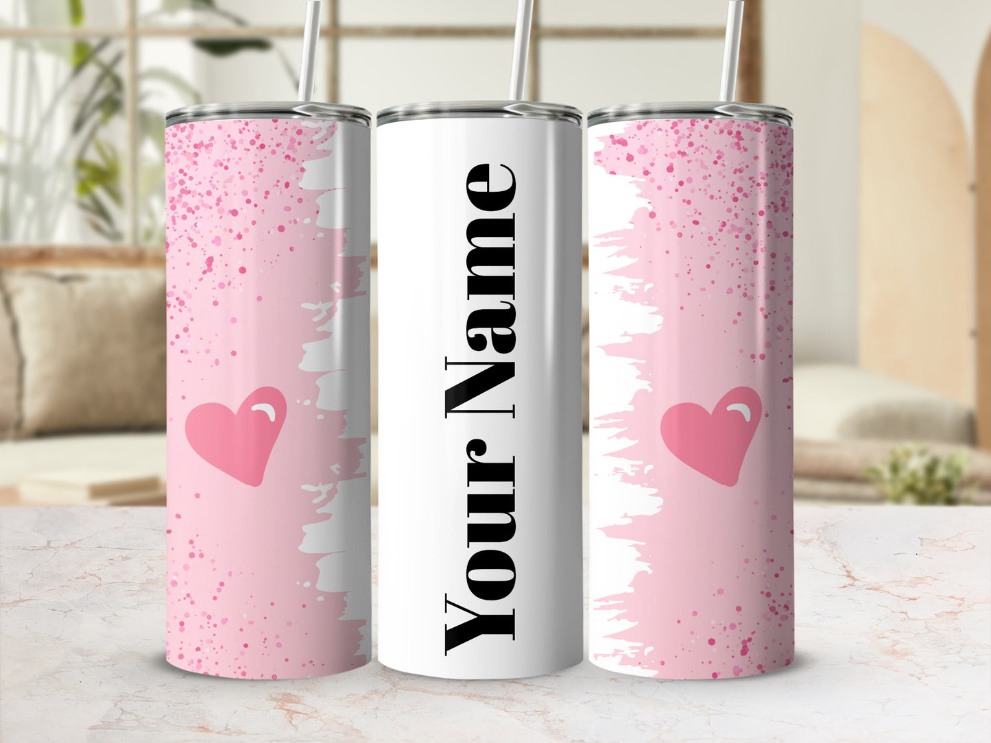 Personalized Pink Heart Design Tumbler with Straw