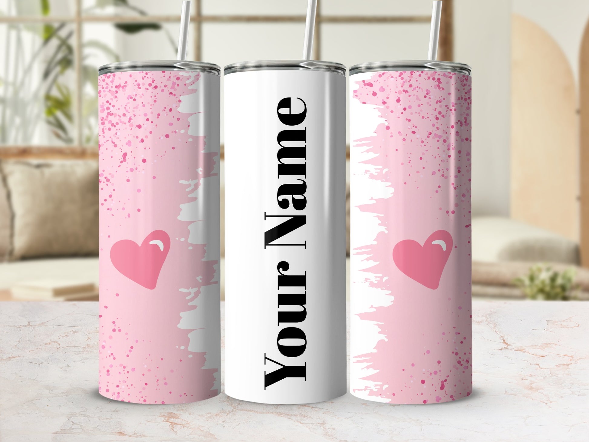Personalized Pink Heart Design Tumbler with Straw