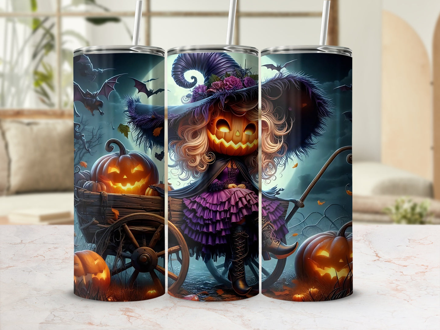 Tumbler with jack-o'-lantern witch, bats, and spooky Halloween scene.