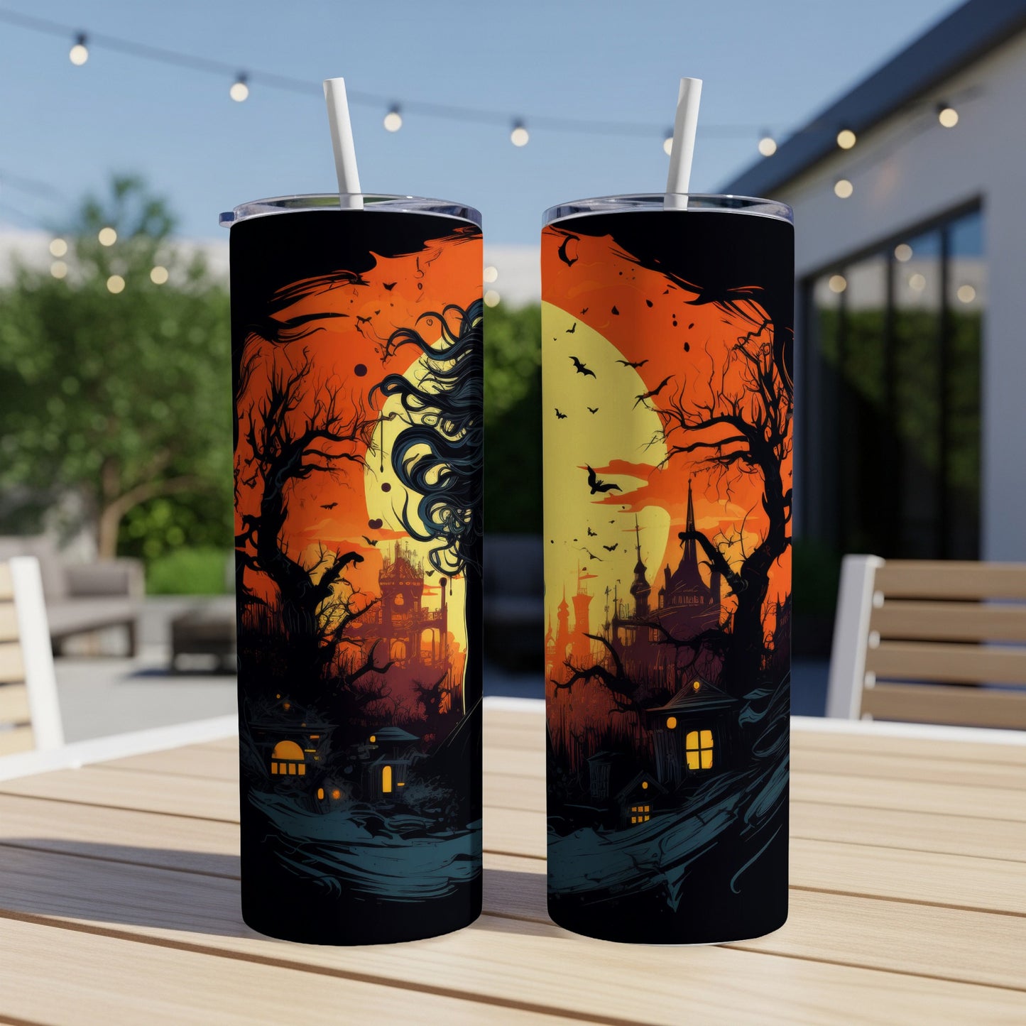 Two tumblers with a Halloween-themed spooky forest and castle design.