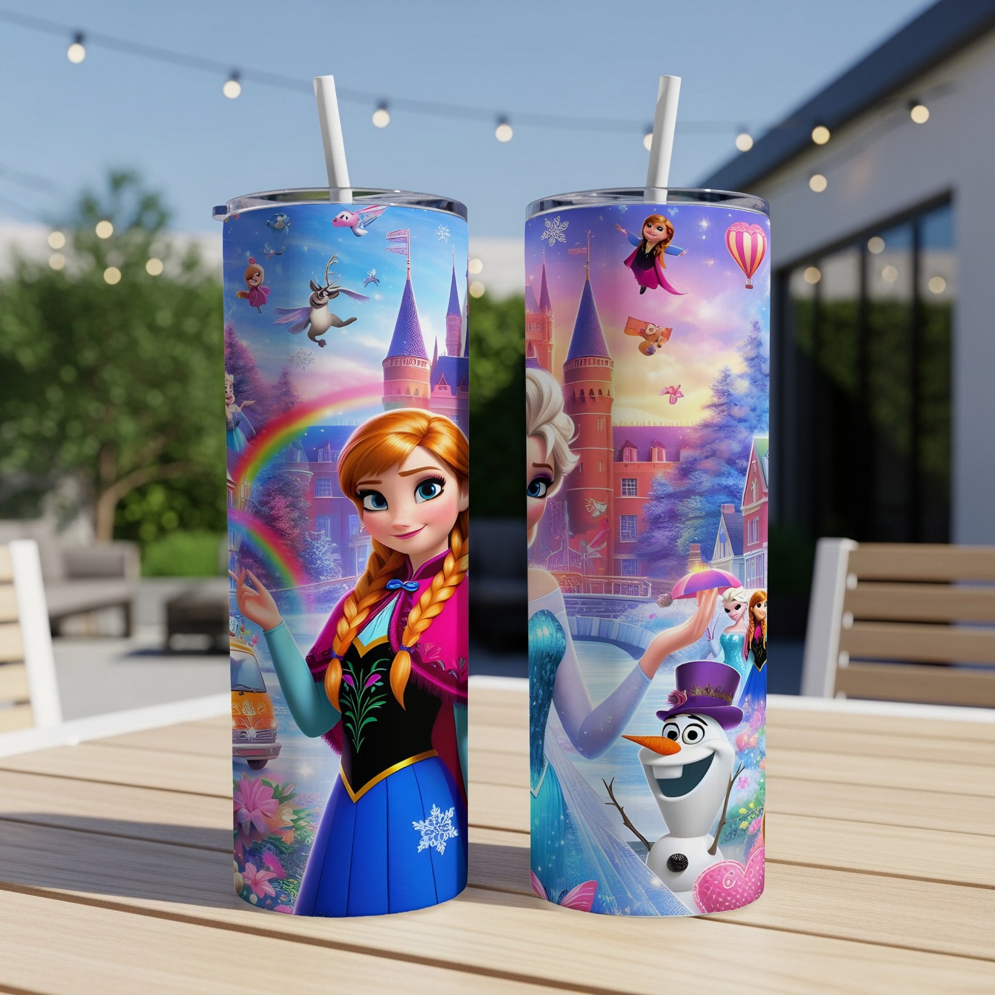 Elsa and Anna with Olaf and Sven on a castle background.