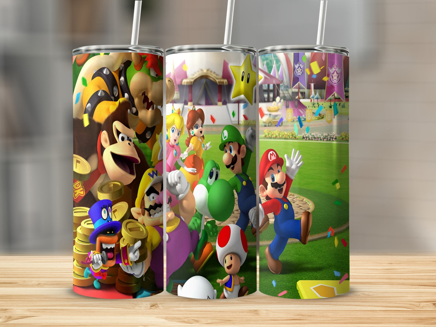 Super Mario characters on three colorful tumblers with game scenes.