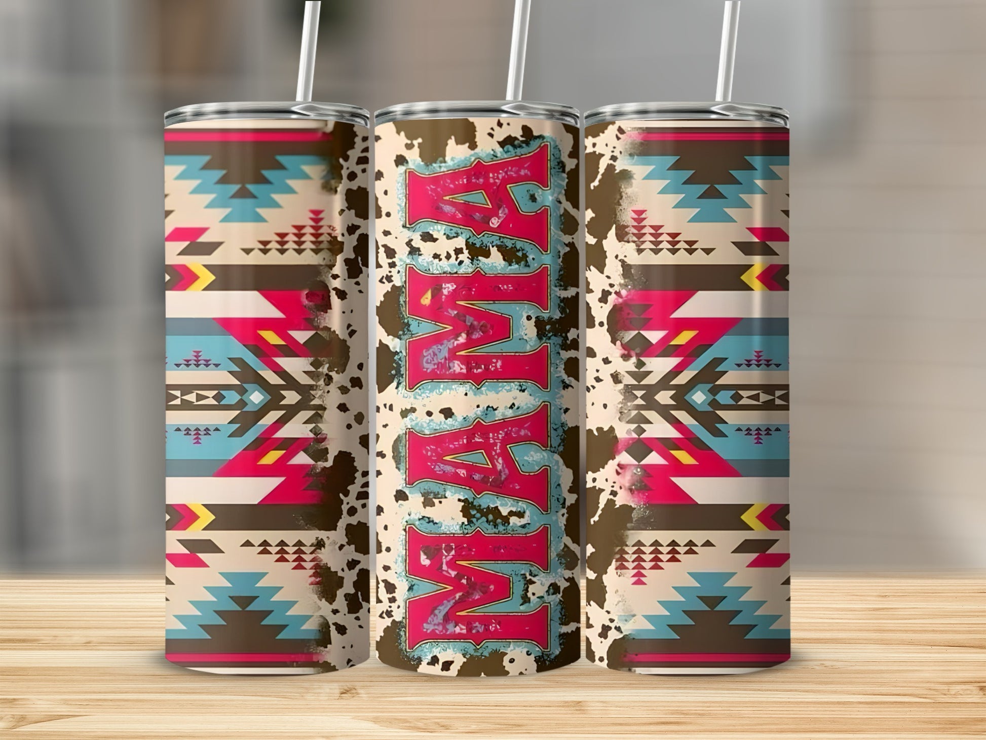 Tall tumbler with tribal pattern and "Mama" text.