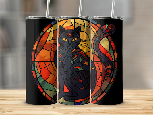 Black cat in stained glass pattern on a tumbler.