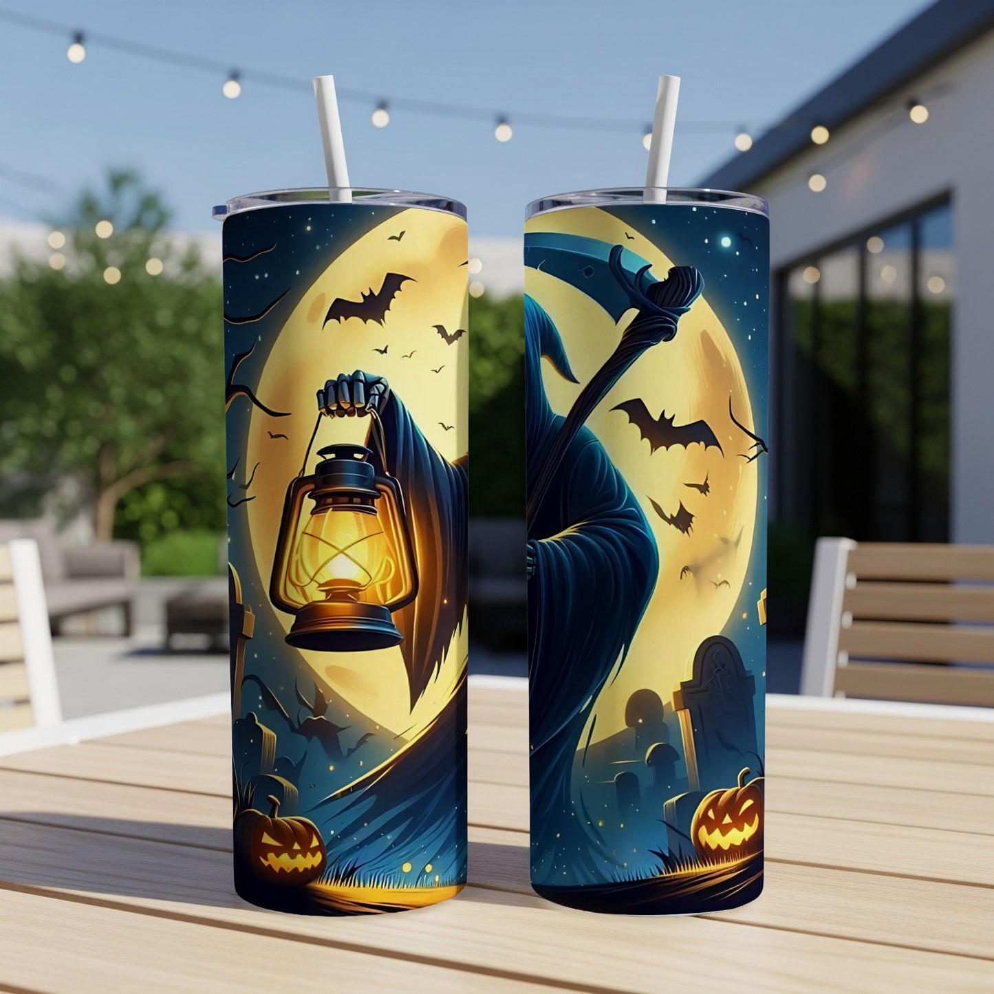 Halloween tumbler with Grim Reaper, lantern, bats, moon, and pumpkins.
