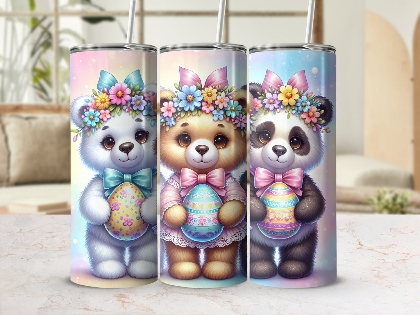Three Easter teddy bears holding decorated eggs and wearing flower crowns.