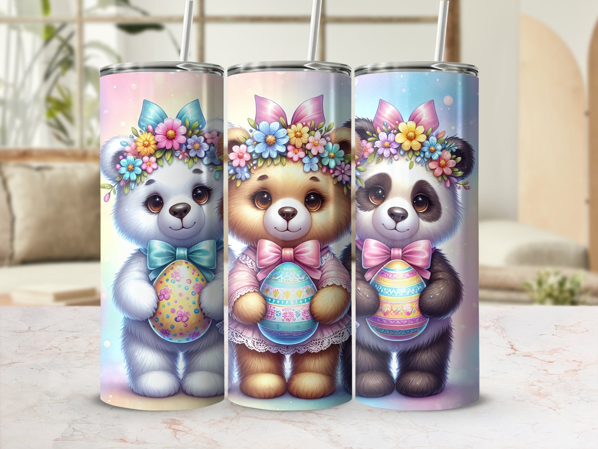 Three Easter teddy bears holding decorated eggs and wearing flower crowns.