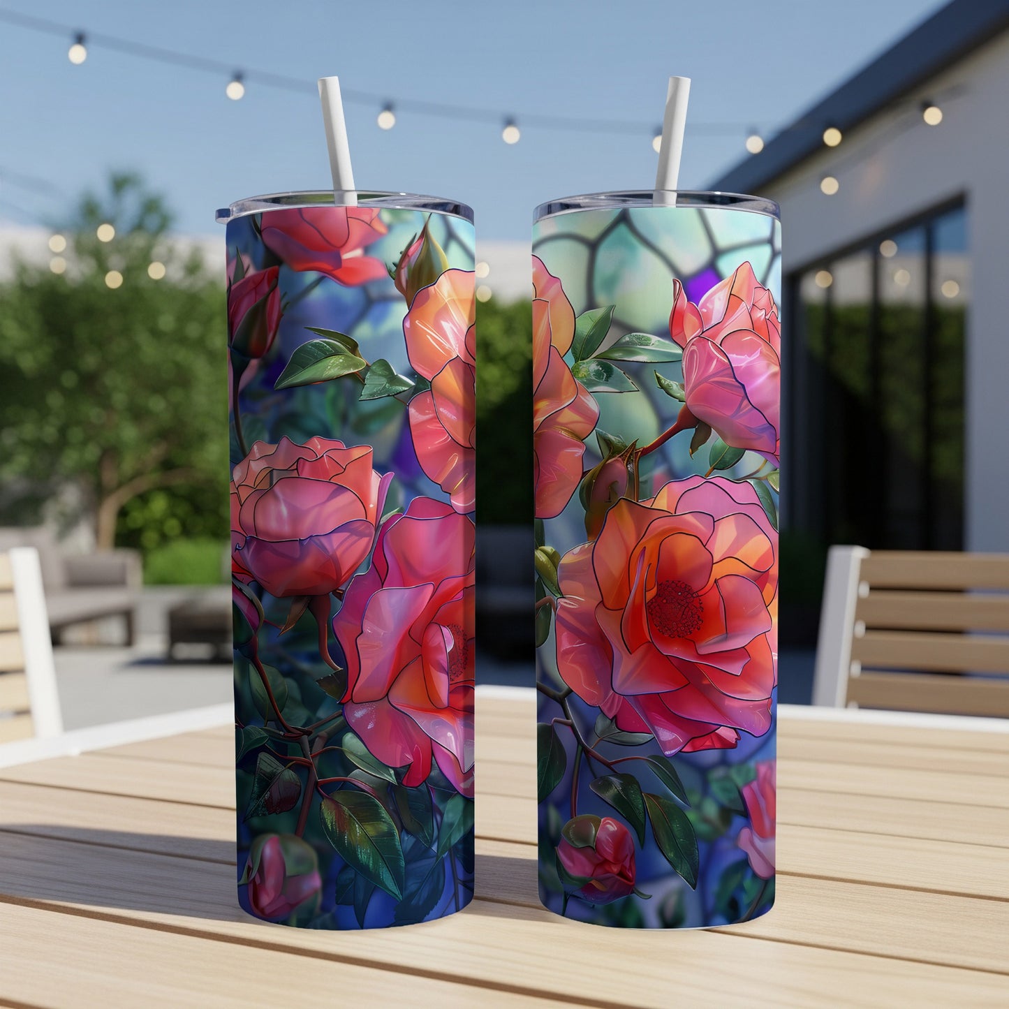 Two tall tumblers featuring vibrant pink and orange roses on a patterned background.