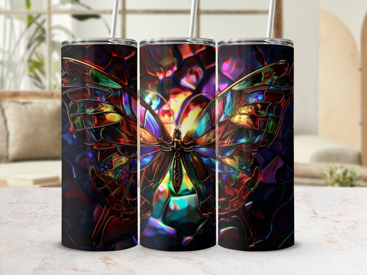 Stained glass butterfly design on three tall, cylindrical tumblers.
