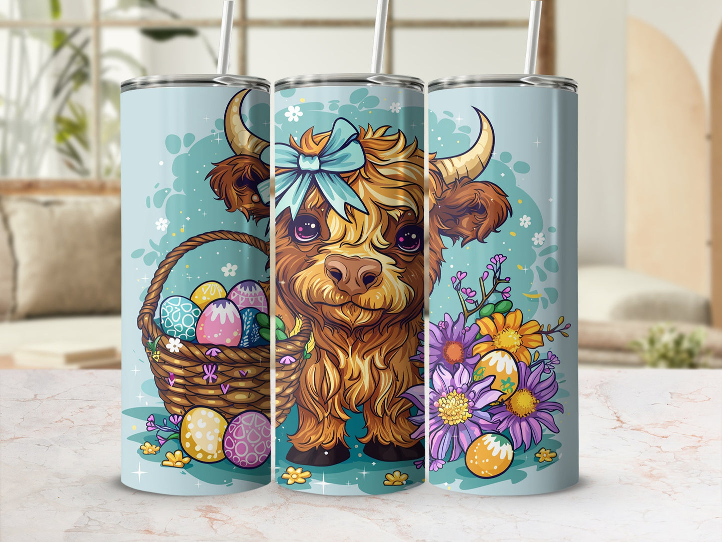 Adorable Highland Cow Easter Eggs Floral Tumbler