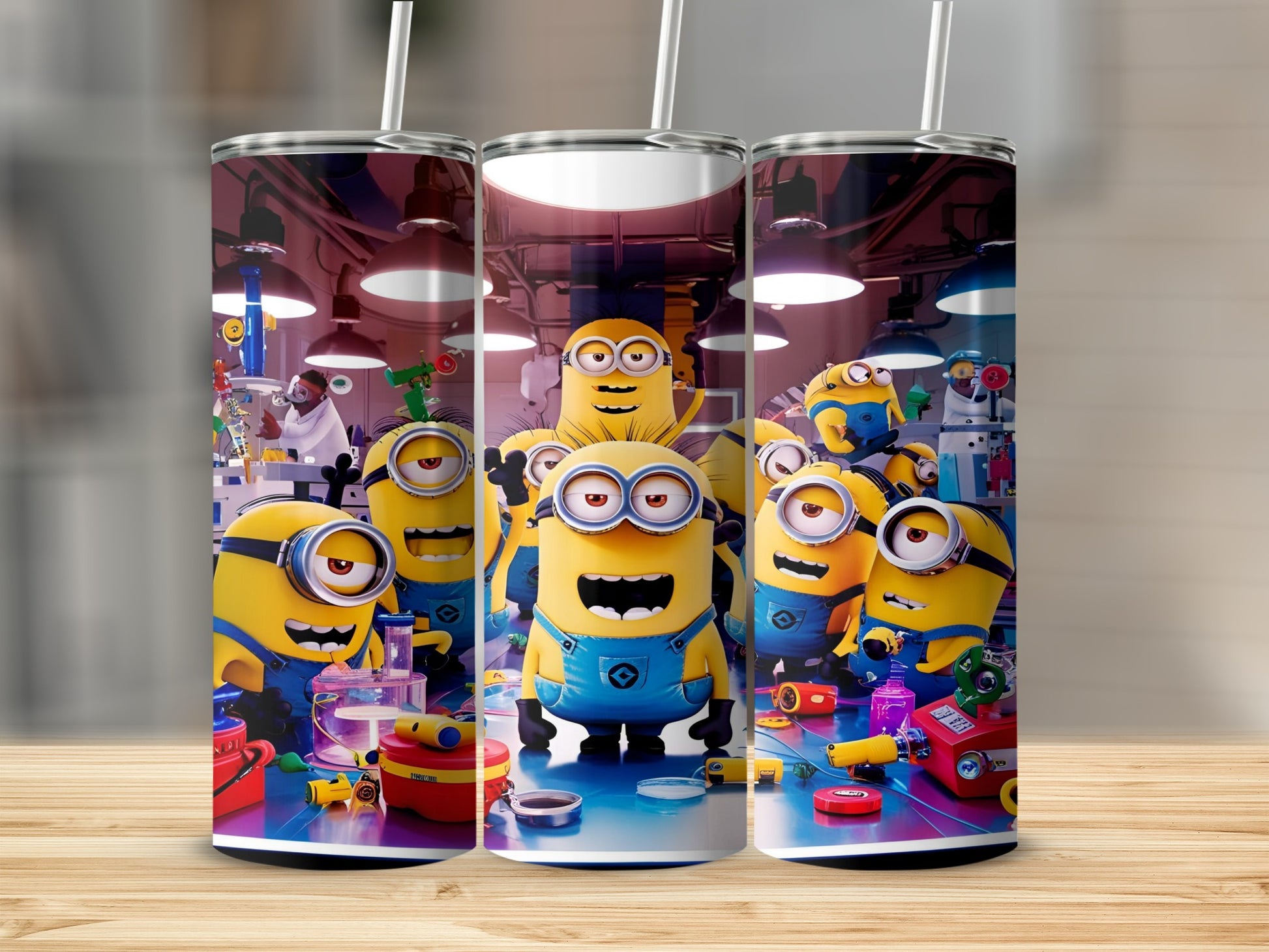 Minions gathered in a lab, holding tools and looking excited.