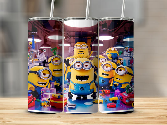 Minions gathered in a lab, holding tools and looking excited.
