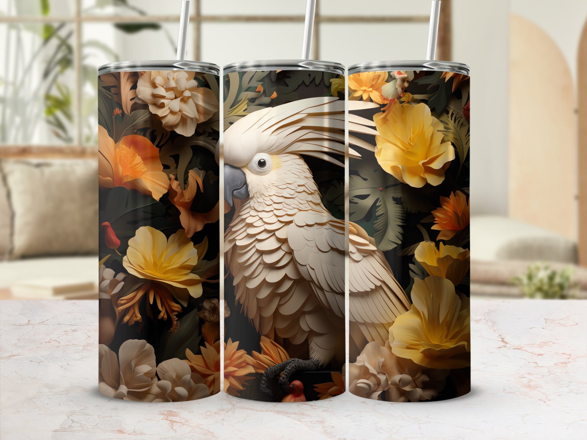 Cockatoo Tropical Flower Papercraft Tumbler product type
Cockatoo
Parrot
Tropical
Floral
Papercraft
LayeredArt
JungleTheme
ExoticBird
YellowFlowers
OrangeFlowers
BotanicalPrint
WhiteCockatoo
DarkBackground
UniqueDesign
ArtisticTumbler
Drinkware
InsulatedTumbler
GiftIdea
VibrantColors
BirdLover