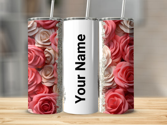Personalized Floral Rose Tumbler with Glitter Background